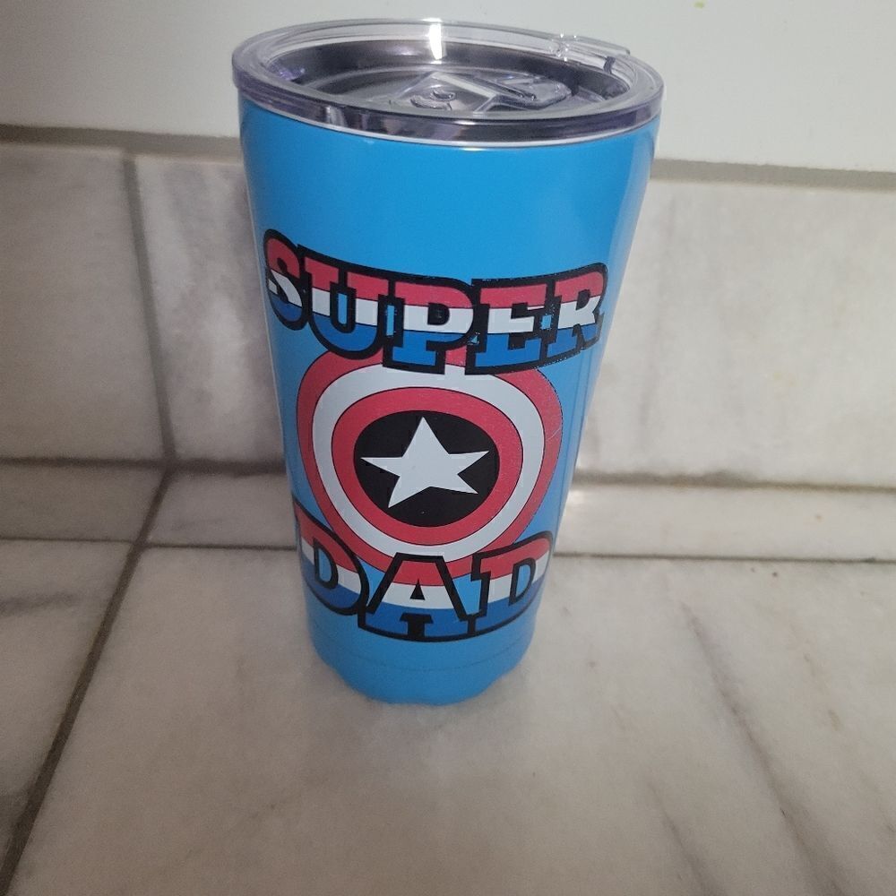 Captain America Super Dad Blue Star Print Tumbler Water Cup Drinkware - Picture 5 of 9